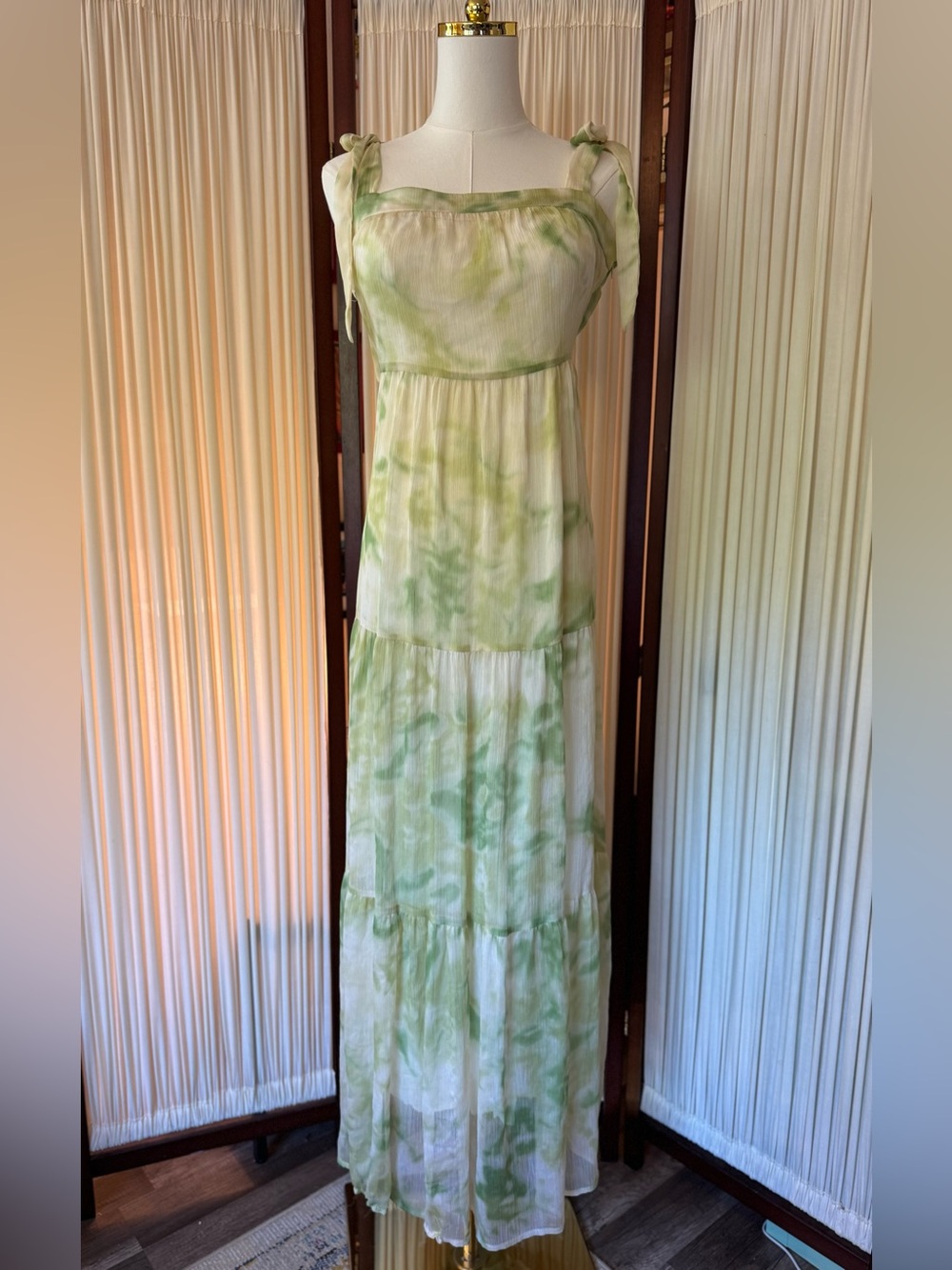 Line & Dot Palm Chiffon Tie-Strap Maxi Dress